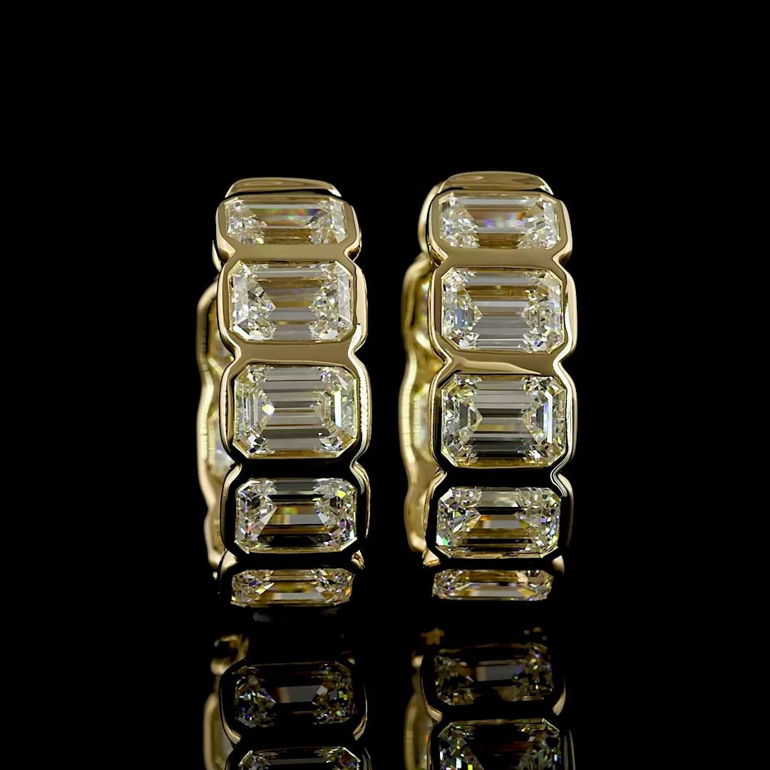 LAB-GROWN 3.52 CARAT EMERALD - DIAMOND 14K YELLOW GOLD HUGGIES EARRINGS: LAB-GROWN 3.52 CARAT EMERALD - DIAMOND 14K YELLOW GOLD HUGGIES EARRINGS Title: High-quality Brand-New Echo Friendly Elegant Lab-Grown 3.52 Carat Emerald - Diamond 14K Yellow Gold Huggies Earrings Vide