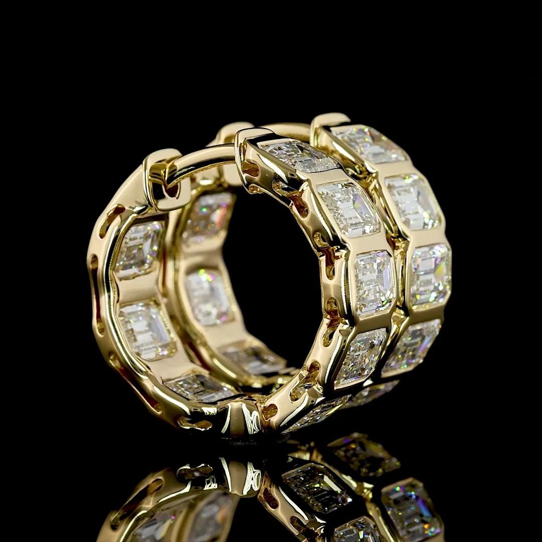 LAB-GROWN 3.61 CARAT EMERALD - DIAMOND 14K YELLOW GOLD HUGGIES EARRINGS: LAB-GROWN 3.61 CARAT EMERALD - DIAMOND 14K YELLOW GOLD HUGGIES EARRINGS Title: High-quality Brand-New Echo Friendly Elegant Lab-Grown 3.61 Carat Emerald - Diamond 14K Yellow Gold Huggies Earrings Vide