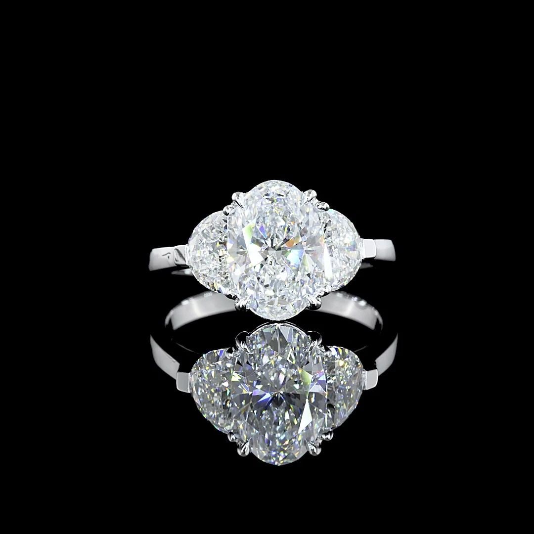 LAB-GROWN 2.94 CARAT OVAL E-VS1 DIAMOND 14K WHITE GOLD 3 STONES RING: LAB-GROWN 2.94 CARAT OVAL E-VS1 DIAMOND 14K WHITE GOLD 3 STONES RING Title: High-quality Brand-New Echo Friendly Elegant Lab-Grown 2.94 Carat Oval E-VS1 Diamond 14K White Gold 3 Stones Ring Video Link