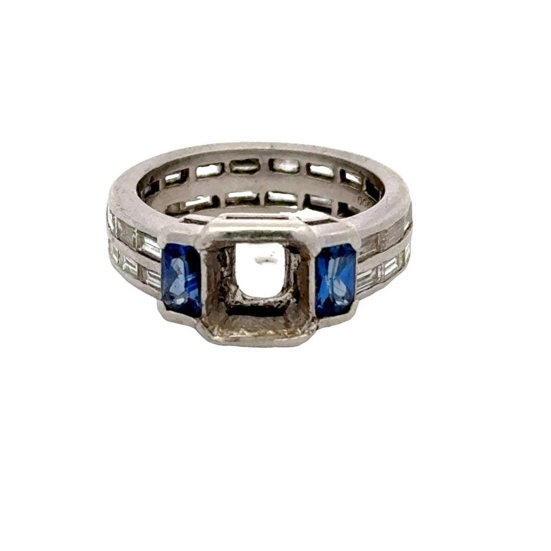 1.60 CARAT BAGUETTE SHAPE DIAMOND 0.60 CARAT SAPPHIRE PLATINUM SEMI MOUNT RING (1 of 2)