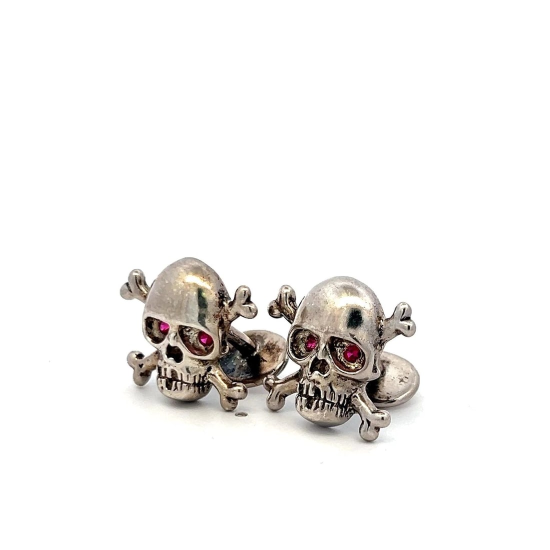 0.08CT RUBY EYE SKULL 14K WHITE GOLD VINTAGE CROSSBONE CUFFLINKS (1 of 2)