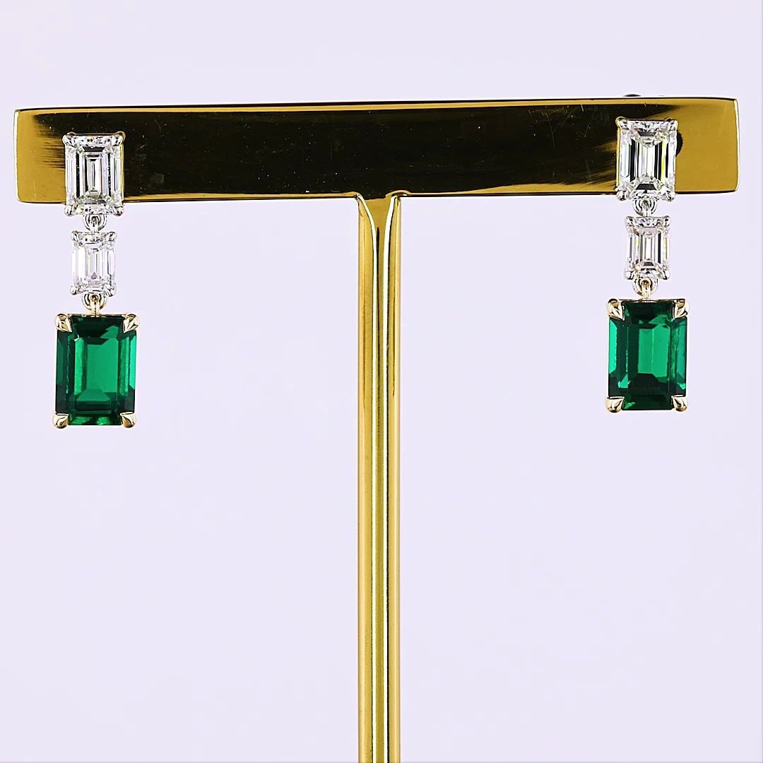 LAB-GROWN 1.31 CARAT EMERALD GREEN EMERALD-VS1 DIAMOND 14K TWO TONE HANGING EARR (1 of 2)