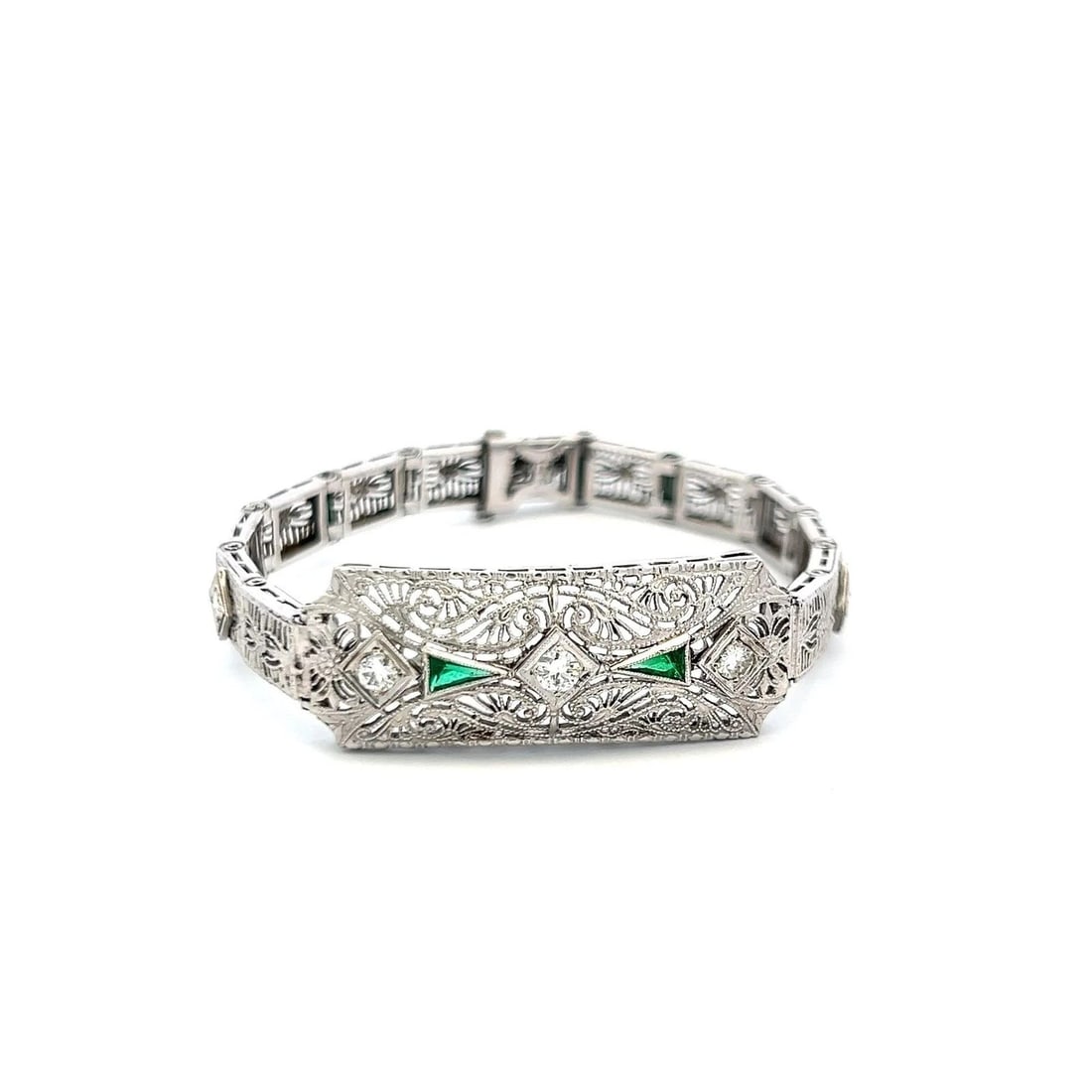 0.40CT OLD EUROPEAN DIAMOND & 0.30CT EMERALD ART DECO BRACELET IN 14K GOLD (1 of 2)