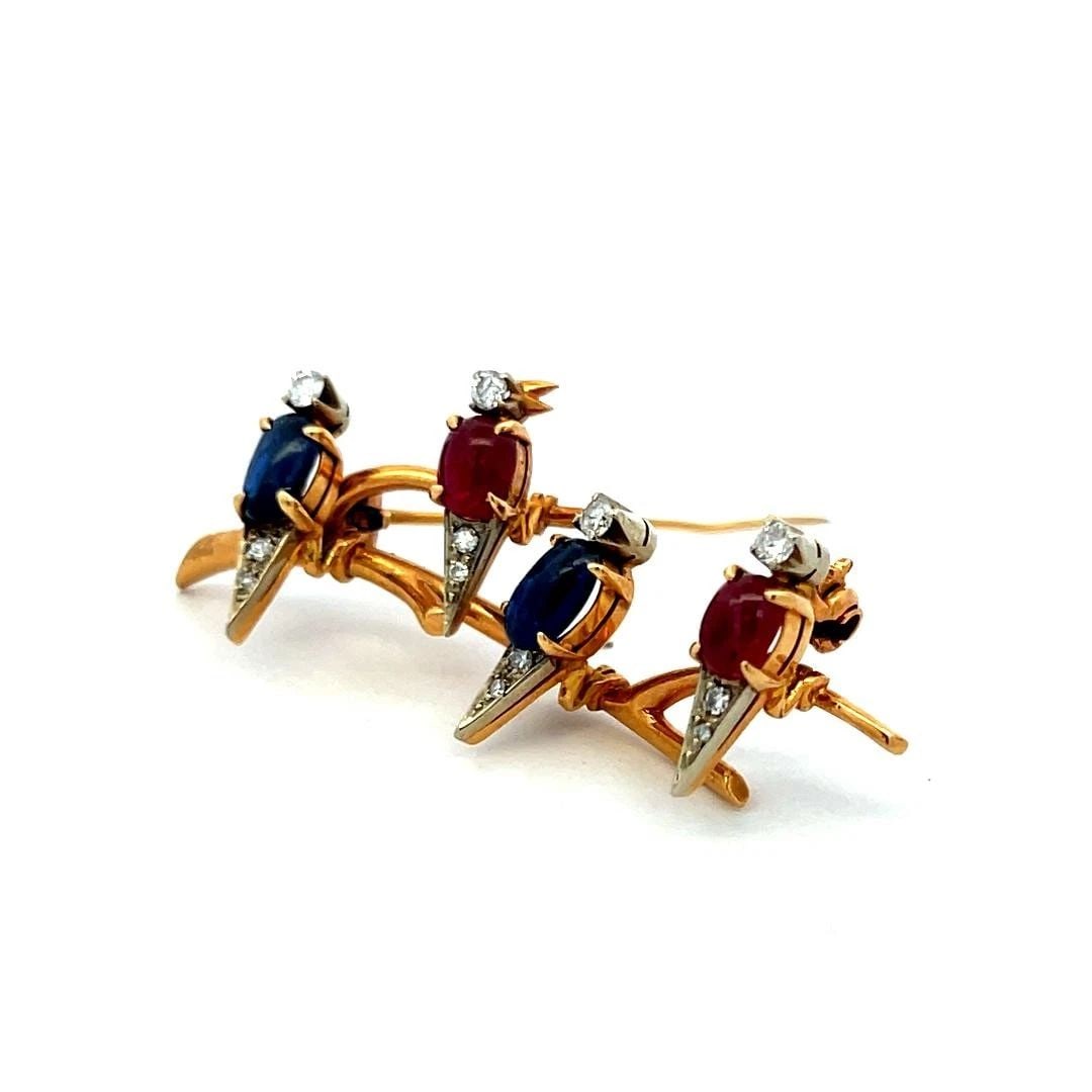 RUBY, SAPPHIRE AND DIAMOND 18K YELLOW GOLD VINTAGE BIRD PIN BROOCH (1 of 2)