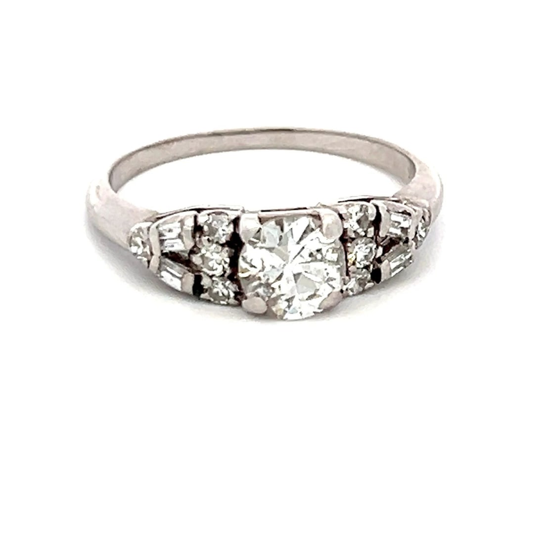 1.07 CARAT OLD EUROPEAN CUT & BAGUETTE SHAPEDIAMOND 14K WG ART DECO RING: 1.07 CARAT OLD EUROPEAN CUT & BAGUETTE SHAPEDIAMOND 14K WG ART DECO RING 1.07 Carat Old European Cut and Baguette ShapeDiamond 14K White Gold Art Deco Ring Engagement Ring Details Department Unisex Ad