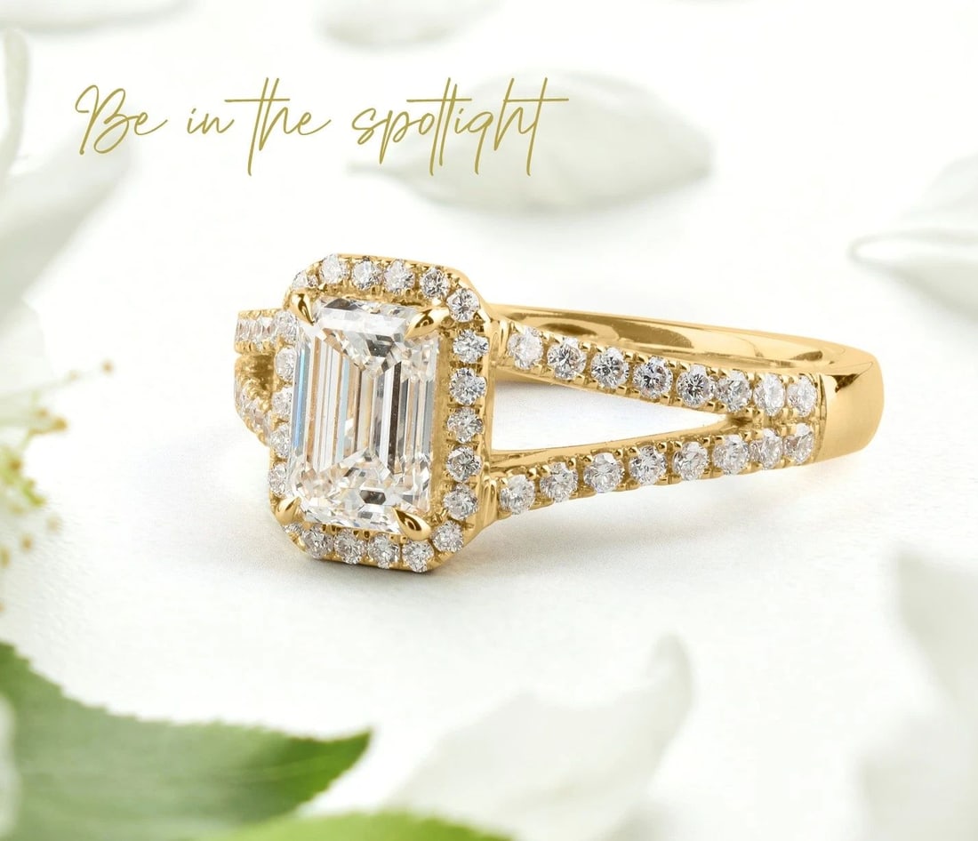 LAB-GROWN 2.11 CARAT EMERALD F-VS1 DIAMOND 14K YELLOW GOLD SPLIT SHANK RING: LAB-GROWN 2.11 CARAT EMERALD F-VS1 DIAMOND 14K YELLOW GOLD SPLIT SHANK RING Title: High-quality Brand-New Echo Friendly Elegant Lab-Grown 2.11 Carat Emerald F-VS1 Diamond 14K Yellow Gold Split Shank R