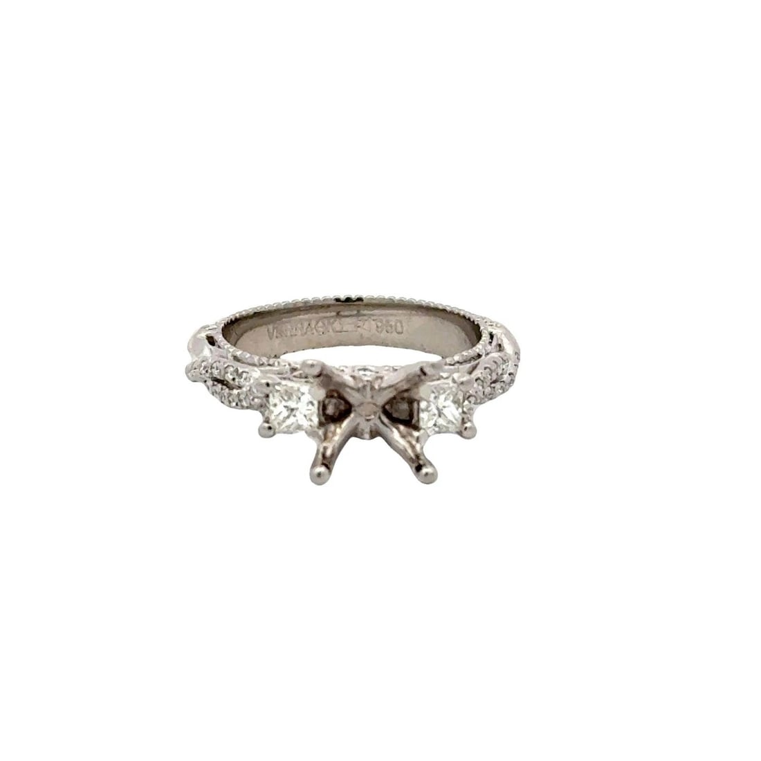 VERRAGIO 0.59 CARAT ROUND BRILLIANT DIAMOND WHITE PLATINUM SEMI MOUNT RING: VERRAGIO 0.59 CARAT ROUND BRILLIANT DIAMOND WHITE PLATINUM SEMI MOUNT RING Designer: Verragio Title: Verragio 0.59 Carat Round Brilliant G VS1 and Princess Cut G VS1 Diamond White Platinum Semi Mount