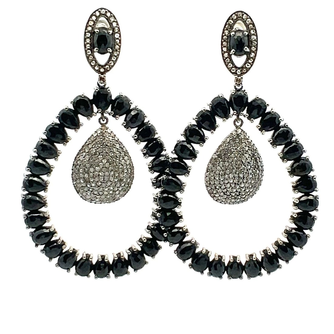 34.32 CARAT BLACK MIX CUT AND ROUND K I2 DIAMOND WHITE SILVER DANGLING EARRINGS (1 of 2)