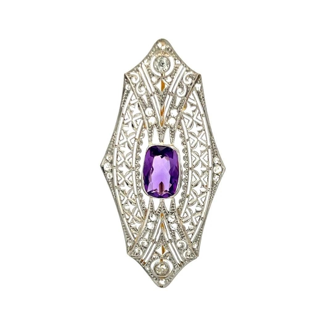2.50 CARAT AMETHYSTS 0.35 CARAT OLD EUROPEAN CUT DIAMOND PLATINUM PIN BROOCH (1 of 2)