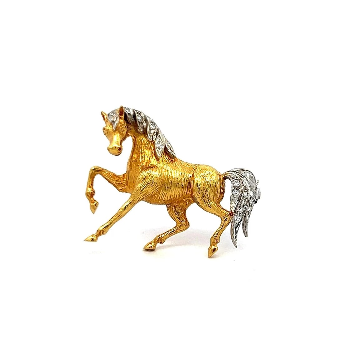 0.09CT DIAMOND 18K TWO-TONE GOLD PRANCING HORSE PIN BROOCH: 0.09CT DIAMOND 18K TWO-TONE GOLD PRANCING HORSE PIN BROOCH Title: A magnificent vintage 18K two-tone gold brooch designed as a finely detailed prancing horse, symbolizing grace, power, and freedom. Cr