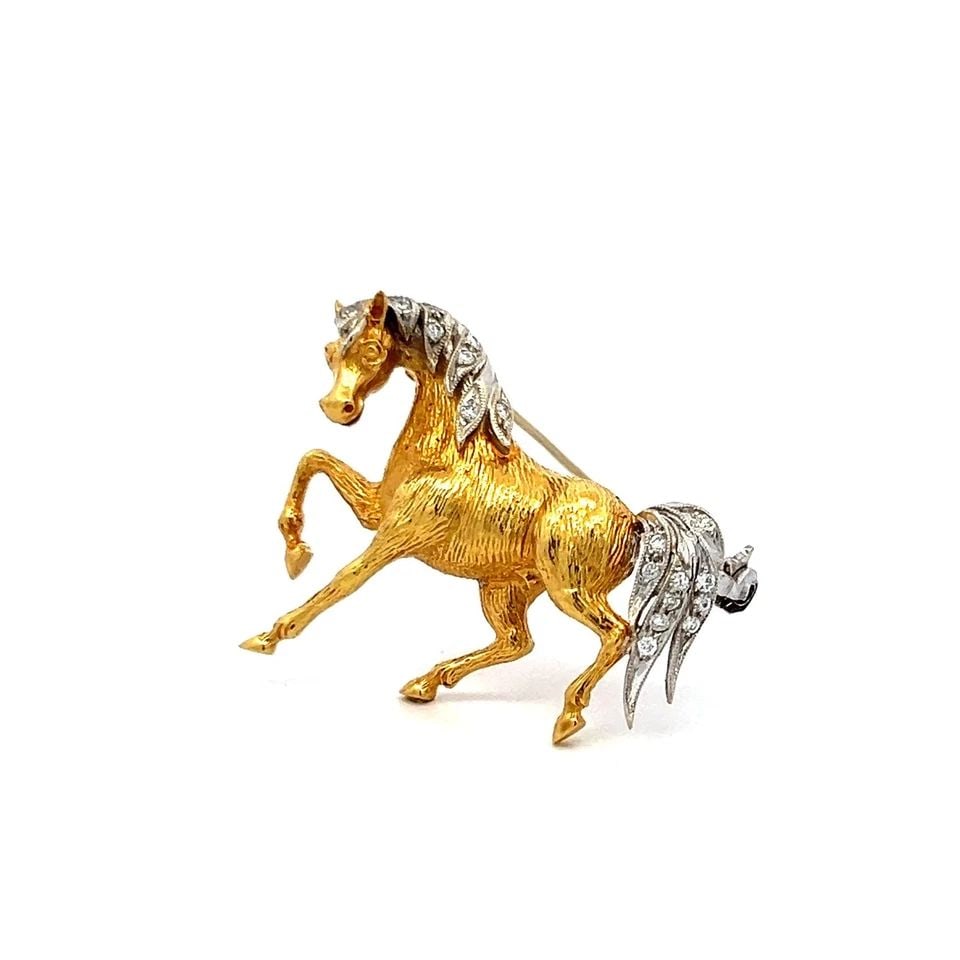 0.09CT DIAMOND 18K TWO-TONE GOLD PRANCING HORSE PIN BROOCH - 2