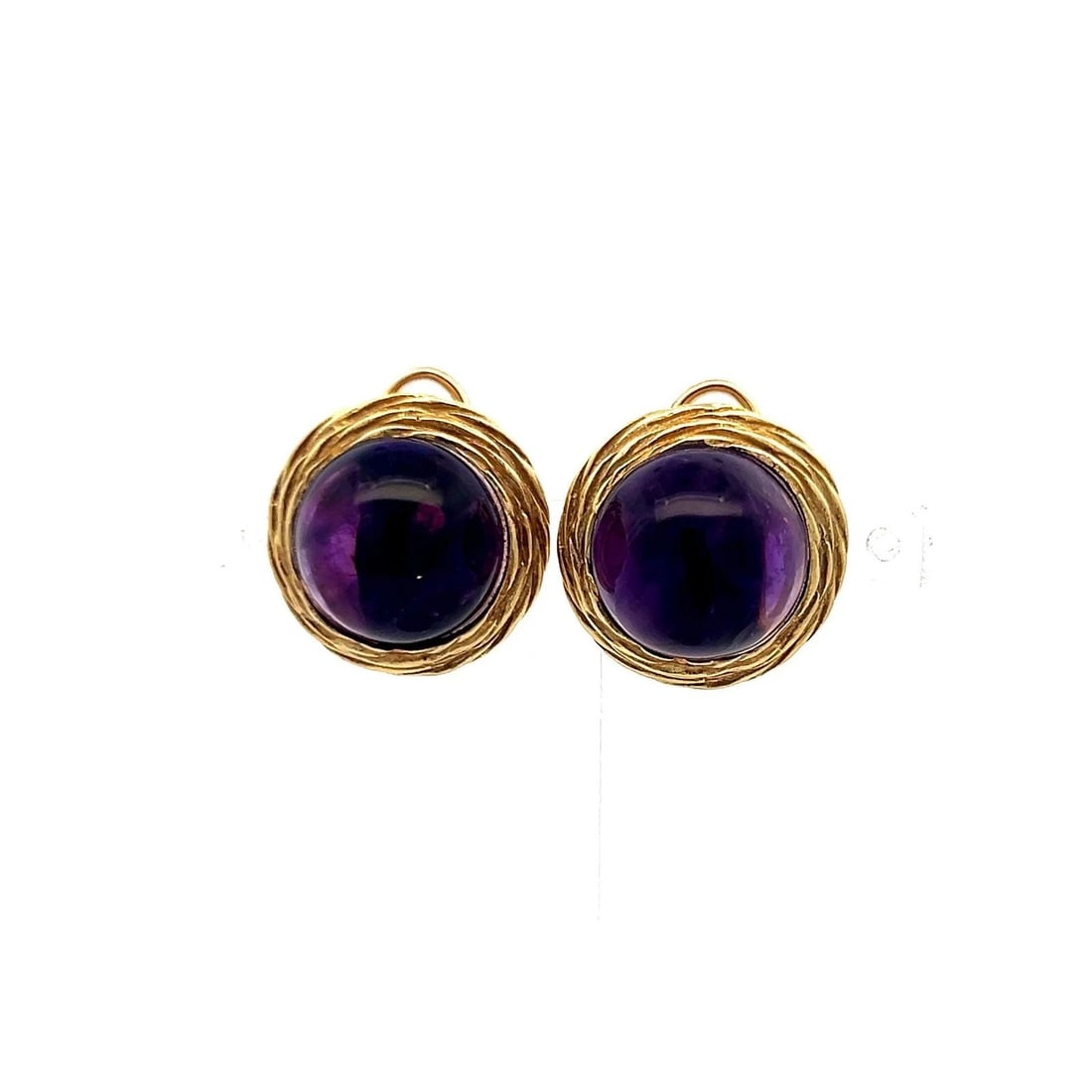 VINTAGE 12.5MM CABOCHON AMETHYST ROPE DESIGN CLIP-ON EARRINGS IN 14K YELLOW GOLD: VINTAGE 12.5MM CABOCHON AMETHYST ROPE DESIGN CLIP-ON EARRINGS IN 14K YELLOW GOLD Title: Vintage 12.5mm Cabochon Amethyst Rope Design Clip-On Earrings in 14K Yellow Gold Style: Clip On Metal: 14 Karat