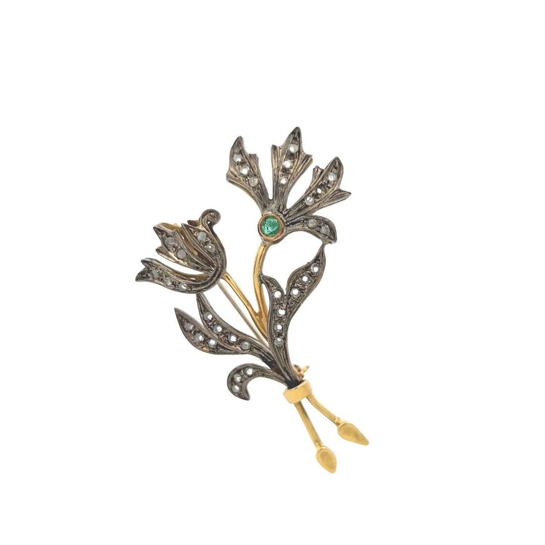 0.70 CARAT ROSE CUT DIAMOND 0.15 CARAT EMERALD 18K TWO TONE GOLD PIN BROOCH (1 of 2)