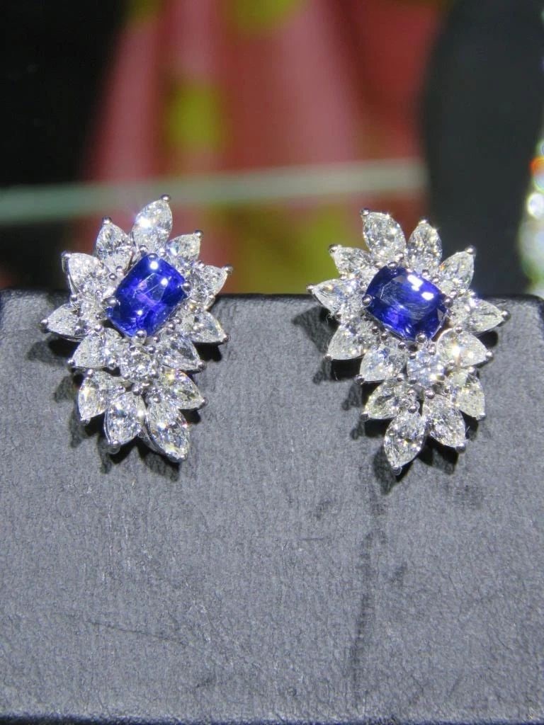 18KT GOLD FANCY CEYLON SAPPHIRE DIAMOND CLUSTER EARRINGS: 18KT GOLD FANCY CEYLON SAPPHIRE DIAMOND CLUSTER EARRINGS The Following Item we are offering is this Rare Important Radiant 18KT Gold Gorgeous Glittering and Sparkling Magnificent Fancy Ceylon Sapphire