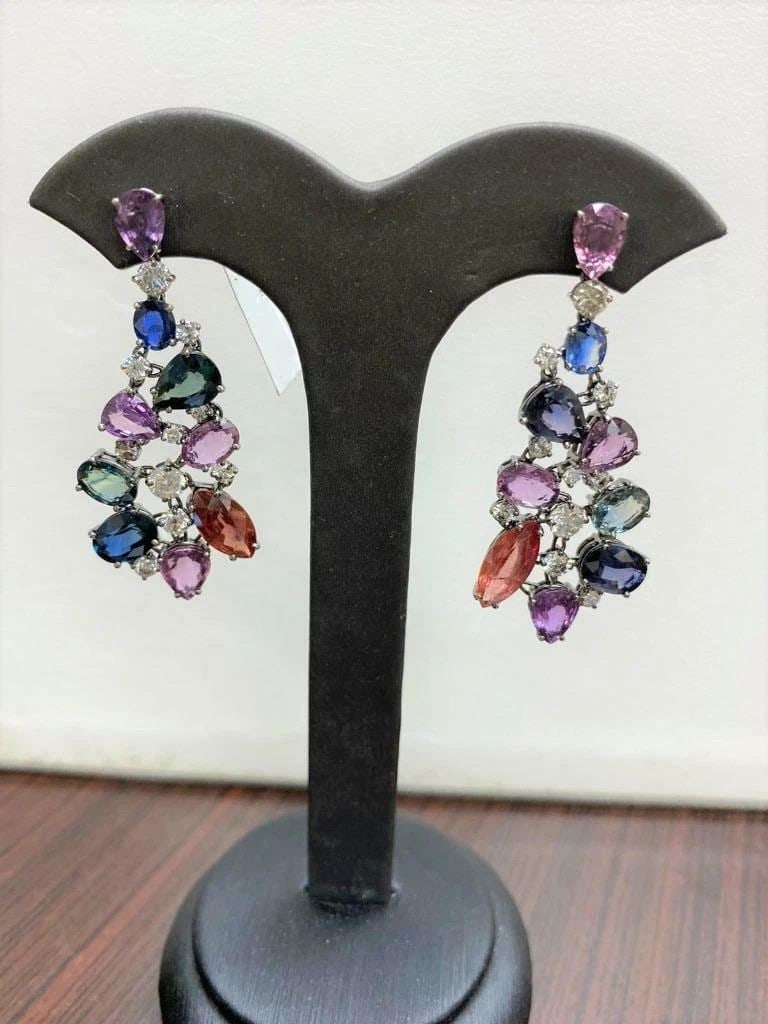 18KT FANCY MULTI SAPPHIRE DIAMOND DANGLE EARRINGS (1 of 1)