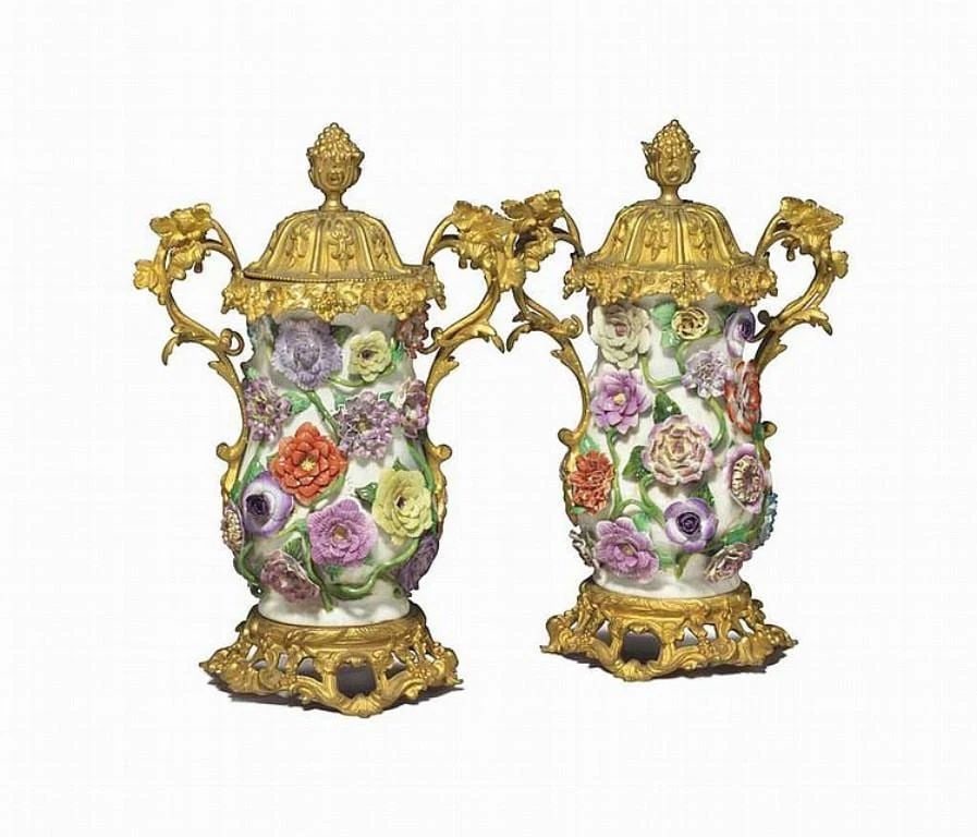 19TH C MONUMENTAL ORMOLU MOUNTED GERMAN PORCELAIN FLOWER ENCRUSTED VASES (1 of 2)