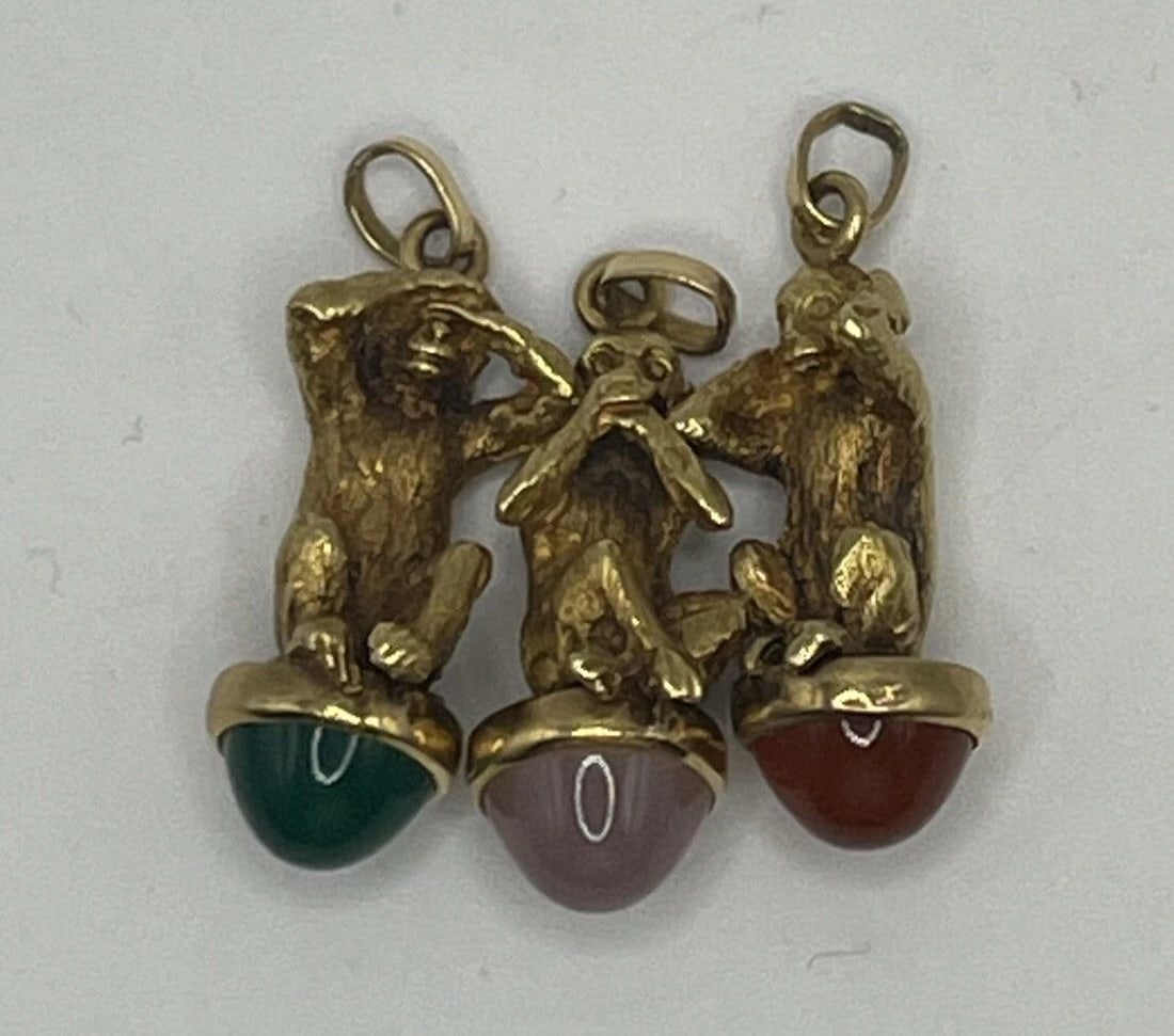 18K YELLOW GOLD SEE NO EVIL, HEAR NO EVIL, SPEAK NO EVIL MONKEYS - 3 CHARMS (1 of 2)