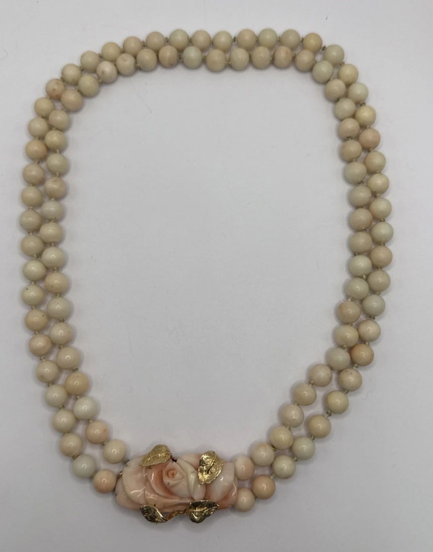 DOUBLE STRAND PINK CORAL BEADED NECKLACE WITH 14K YELLOW GOLD CLASP 109.8 G (1 of 2)