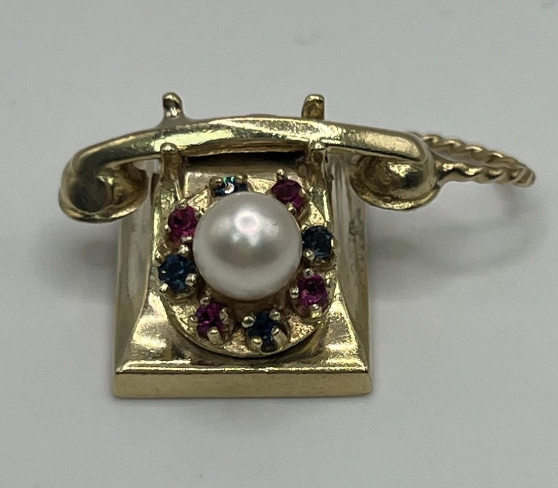 14K YELLOW GOLD TELEPHONE WITH PEARL AND LAB CREATED RUBIES AND SAPPHIRES (1 of 2)