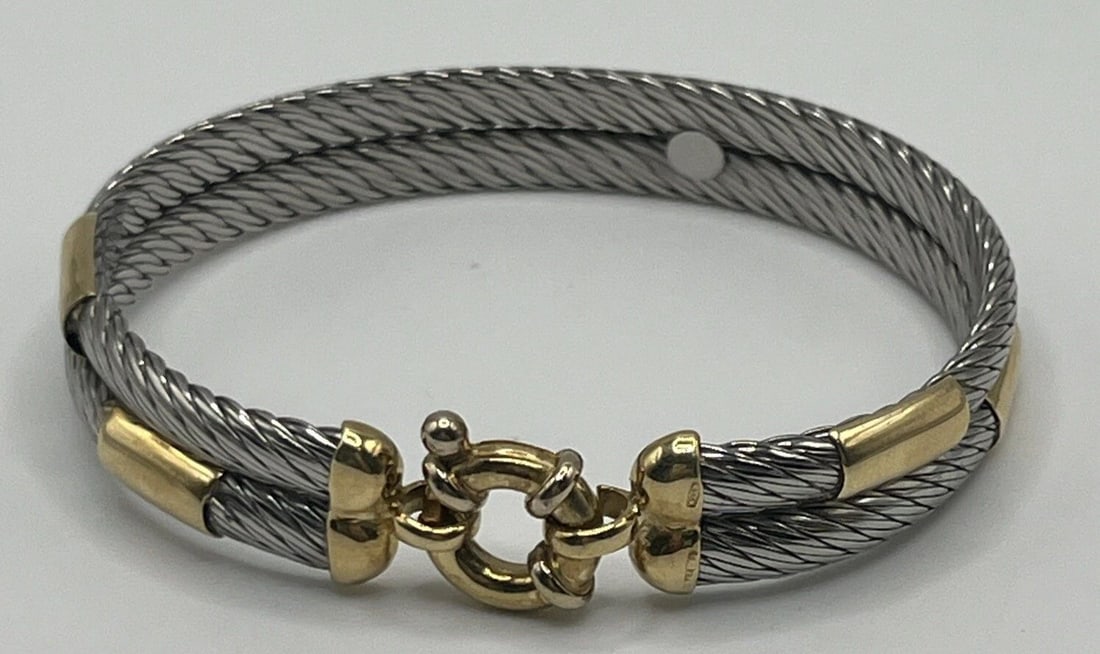 18KT YELLOW GOLD AND STAINLESS STEEL CABLE BRACELET 22.8 GRAMS (1 of 2)