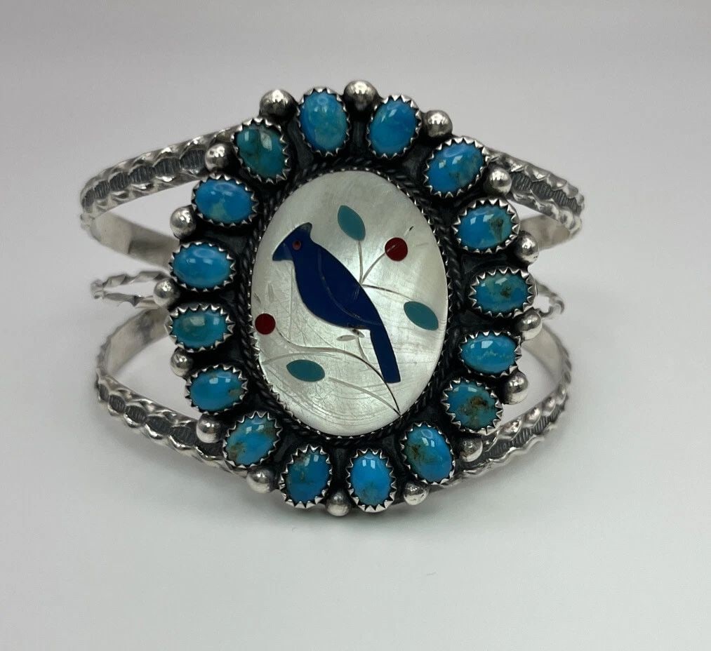 VINTAGE NAVAJO TURQUOISE MOTHER OF PEARL INLAY STERLING SILVER CUFF (1 of 2)