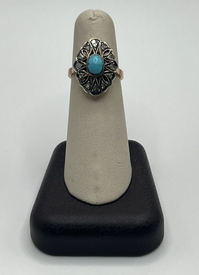14K ROSE GOLD ANTIQUE RING WITH SILVER TOP, DIAMONDS & TURQUOISE SIZE 6 (1 of 2)