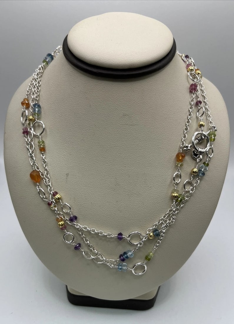 STERLING SILVER 56" NECKLACE WITH MULTI-COLOR BEADS AND 14K GOLD BALLS (1 of 2)