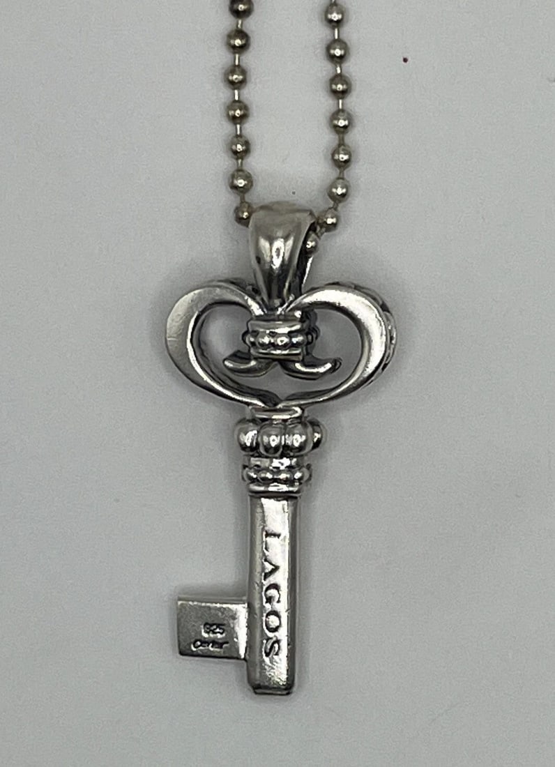 LAGOS CAVIAR STERLING SILVER RARE WONDERS KEY PENDANT W/BEAD CHAIN NECKLACE 33" (1 of 2)