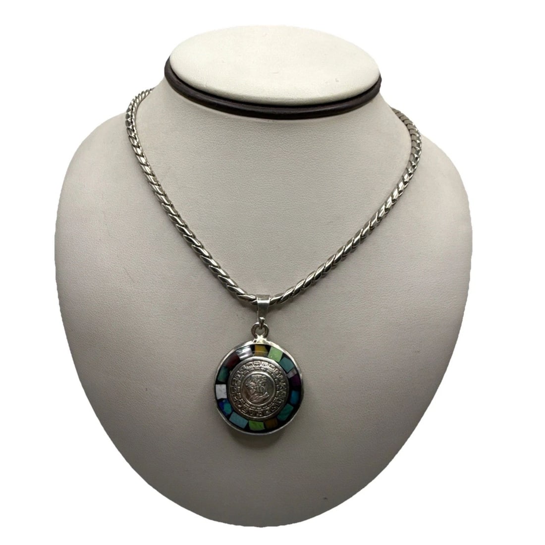 SERLING SILVER OPAL INLAY AZTEC CALENDAR PENDANT ON 20" STERLING SILVER CHAIN (1 of 1)