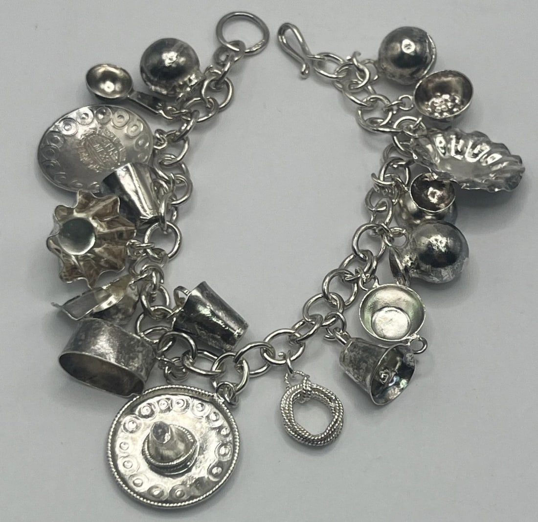 7.5" STERLING SILVER CHARM BRACELET WITH 17 CHARMS MIDWEST/MEXICAN INSPIRED (1 of 2)