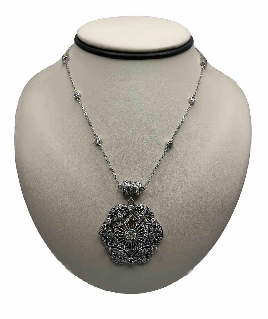 ESPO STERLING SILVER ART DECO 17" NECKLACE CZ PENDANT MEDALLION MAGNETIC CLASP (1 of 2)