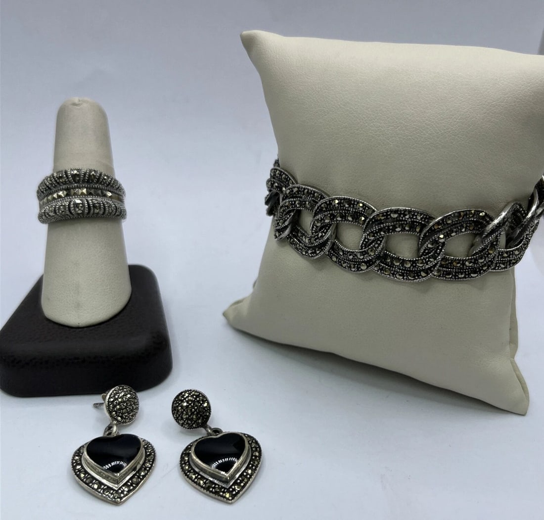 MARCASITE BRACELET, RING AND EARRINGS WITH BLACK ONYX (1 of 2)