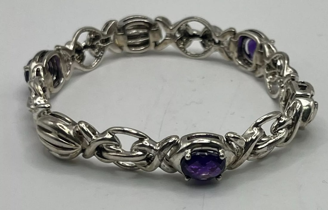 STERLING SILVER BRACELET WITH PURPLE STONES 7.5" (1 of 2)