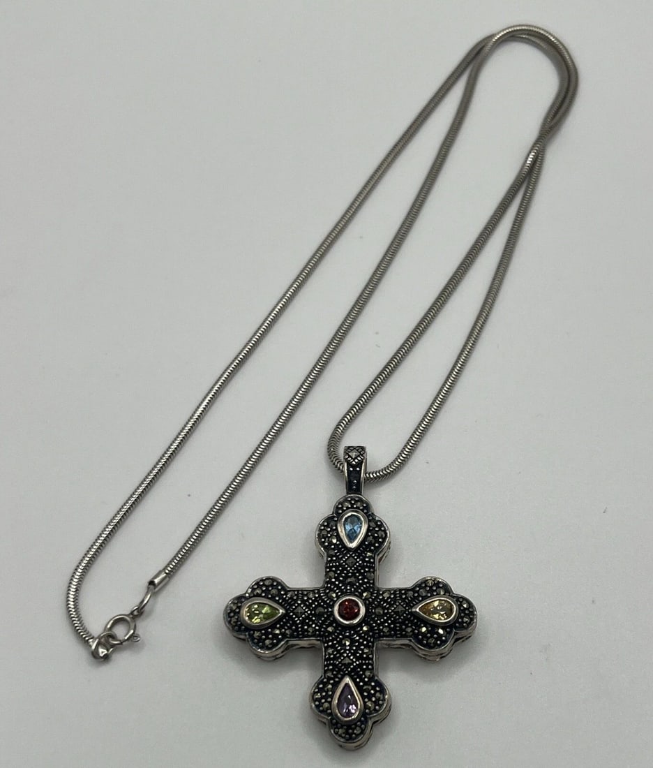STERLING SILVER & MULTI STONE CROSS PENDANT NECKLACE 20" (1 of 2)