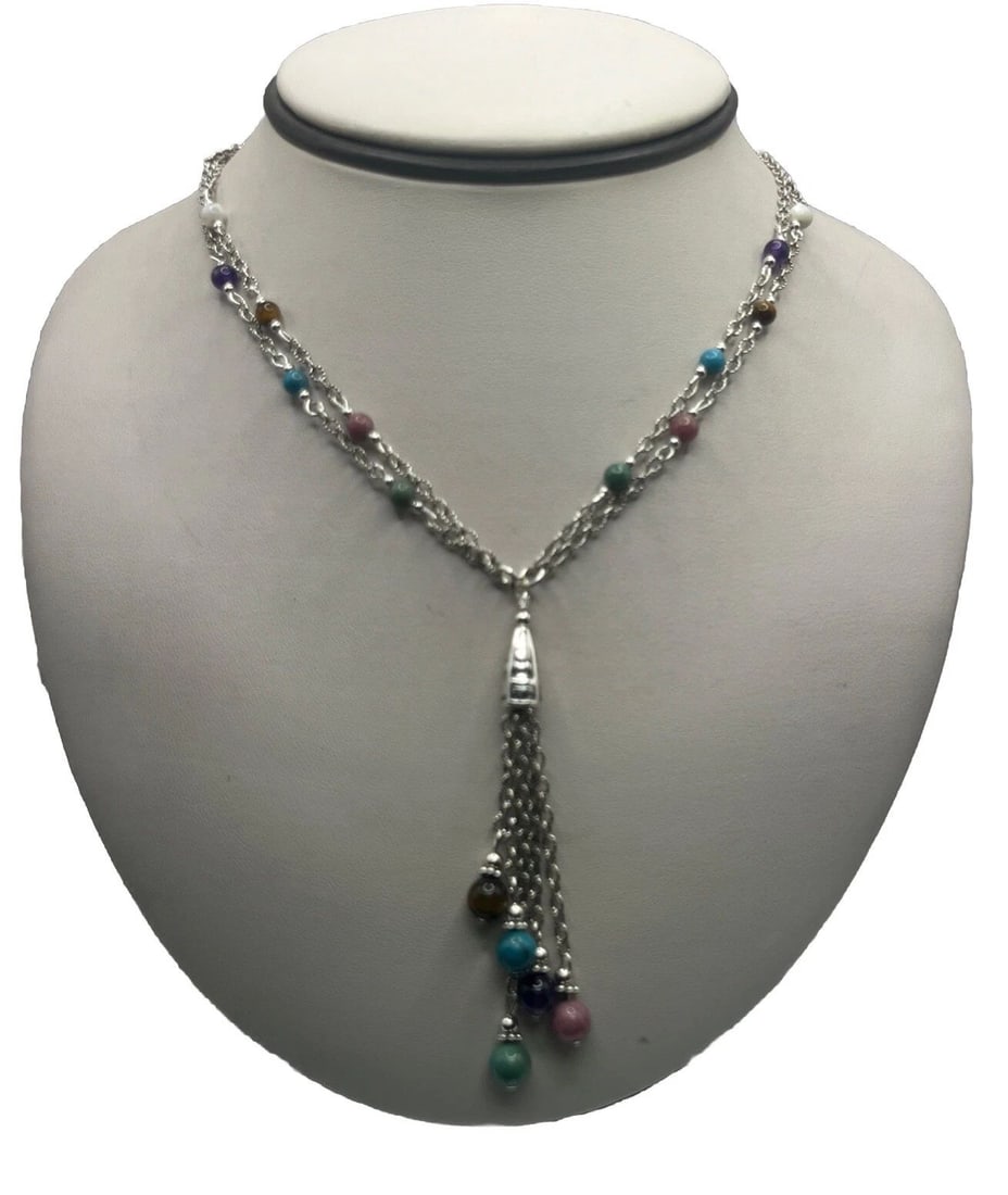 STERLING SILVER DOUBLE LAYER NECKLACE WITH MULTI-COLORED BEADS & TASSEL (1 of 2)