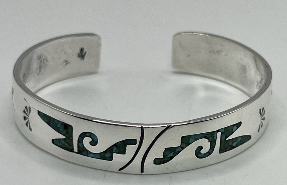 SMALL STERLING SILVER & TURQUOISE INLAY SOUTHWESTERN INSPIRED CUFF (1 of 2)