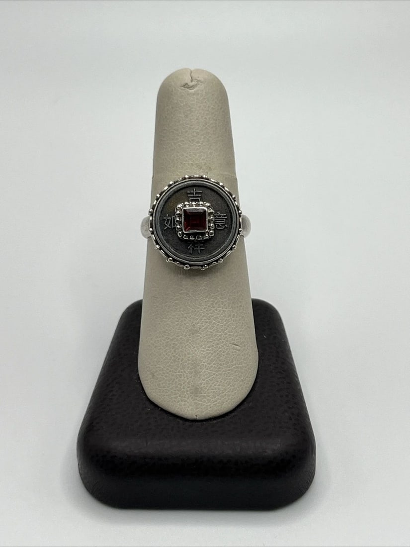 SAJEN "GOOD LUCK" CHINESE COIN AND GARNET SILVER RING (1 of 2)