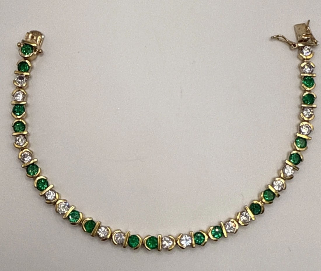 7.5" GOLD COLORED 925 BRACELET WITH GREEN AND COLORLESS STONES: 7.5" GOLD COLORED 925 BRACELET WITH GREEN AND COLORLESS STONES Not Found