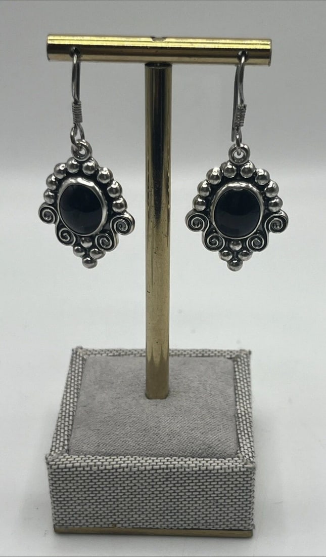 STERLING MWS MEXICO OVAL BLACK ONYX STONE DROP DANGLE EARRINGS (1 of 2)