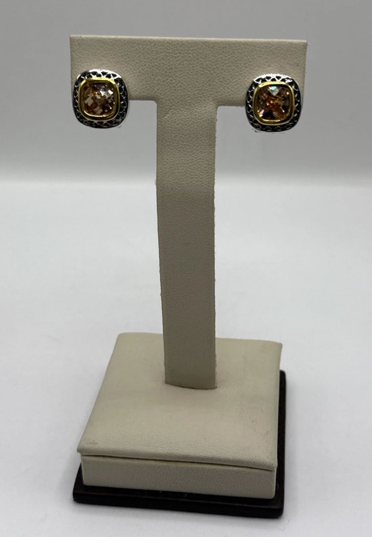 TWO TONE STERLING SILVER EARRINGS WITH ORANGE STONE (1 of 2)