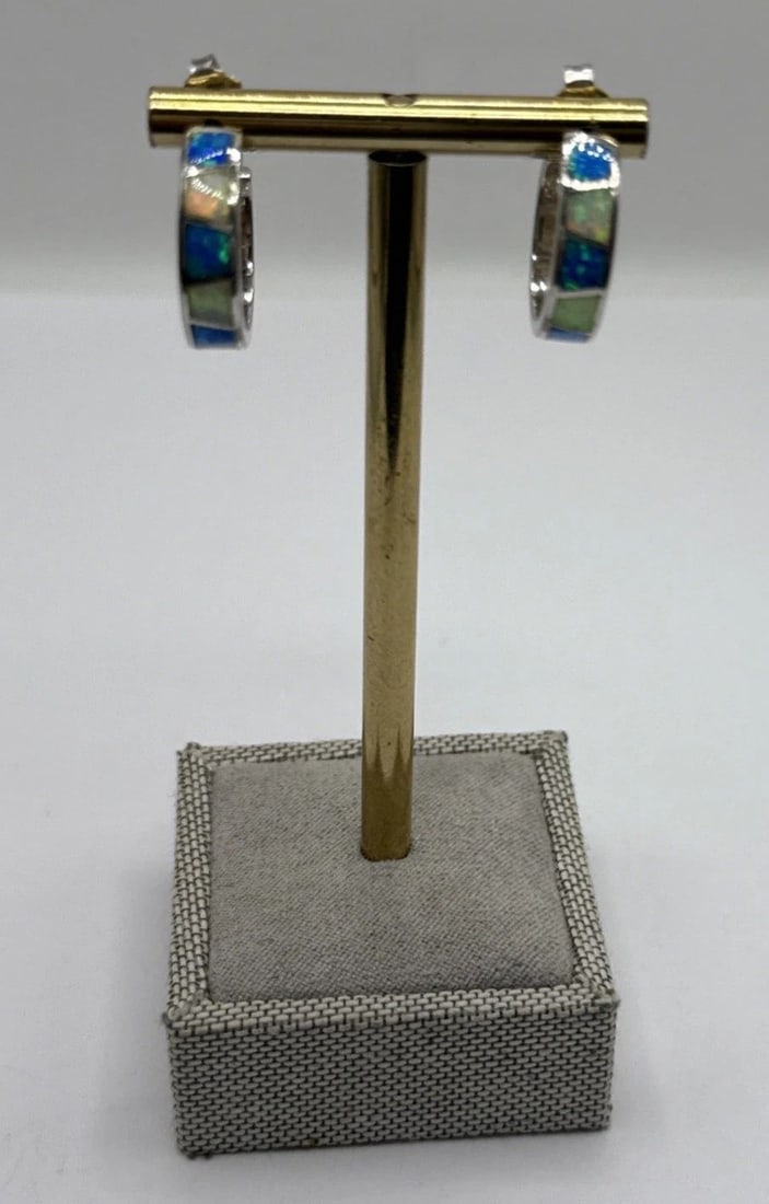 STERLING SILVER & FIRE OPAL OPEN C HOOP EARRINGS (1 of 2)