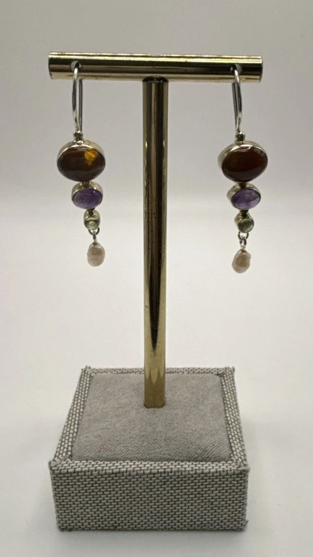 STERLING SILVER DANGLE EARRINGS WITH COLORED STONES (1 of 2)