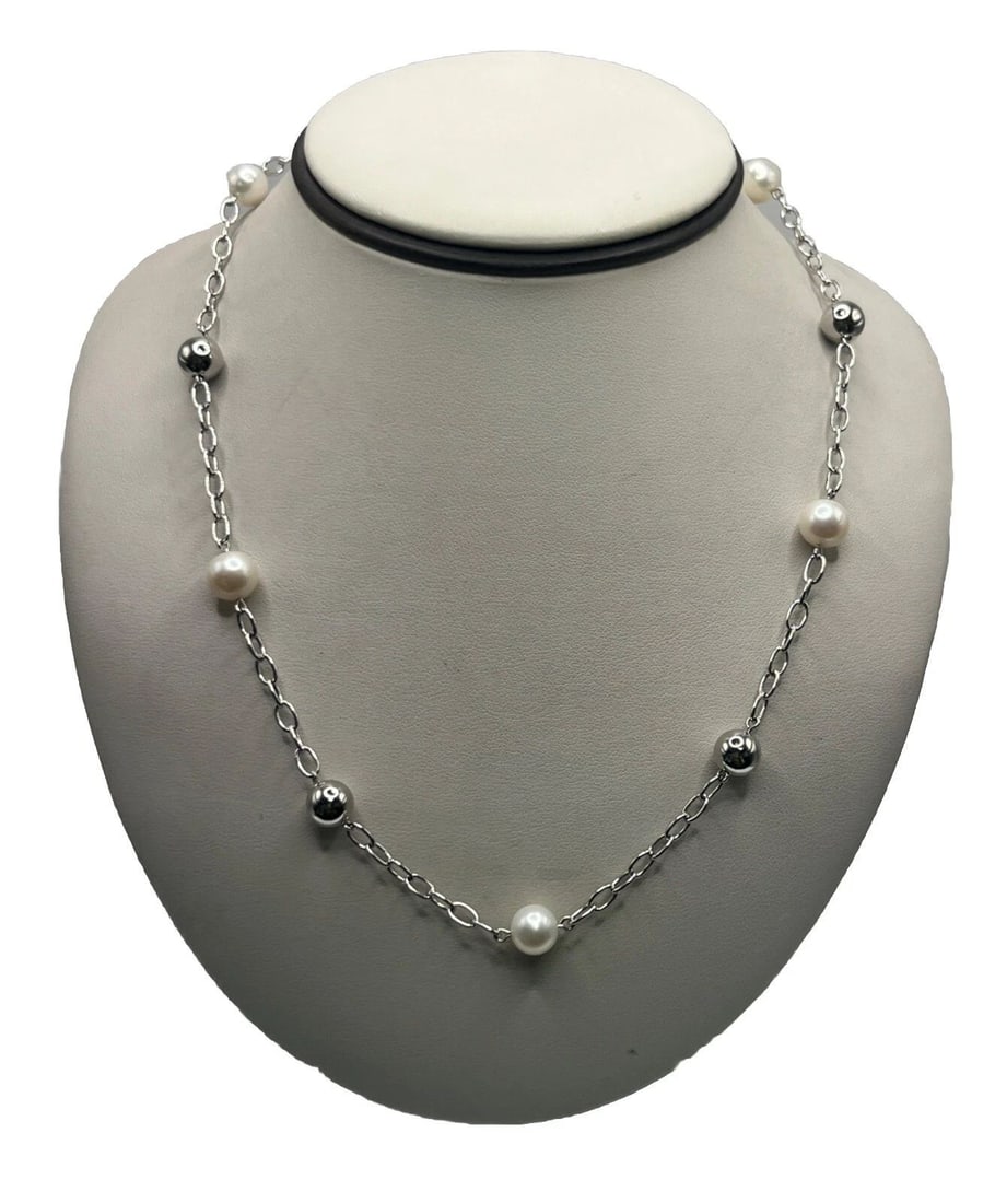 STERLING SILVER 18" LINK CHAIN WITH SILVER & WHITE BEADS (1 of 2)