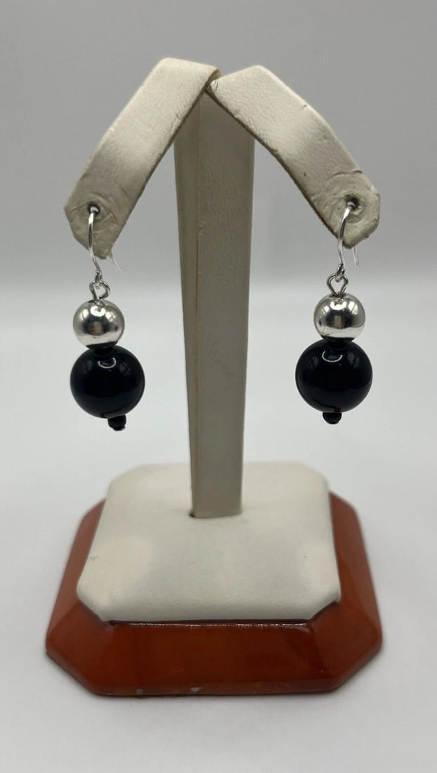 STERLING SILVER DANGLE EARRINGS WITH SILVER AND BLACK BALLS (1 of 2)