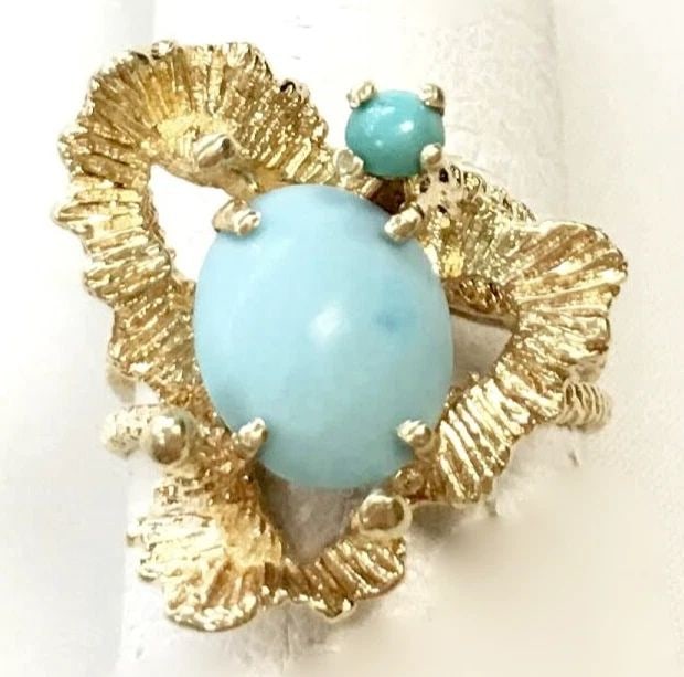 14K GOLD OCEAN CORAL THEMED RING WITH NATURAL TURQUOISE STONES SIZE: 5 5.2G (1 of 2)