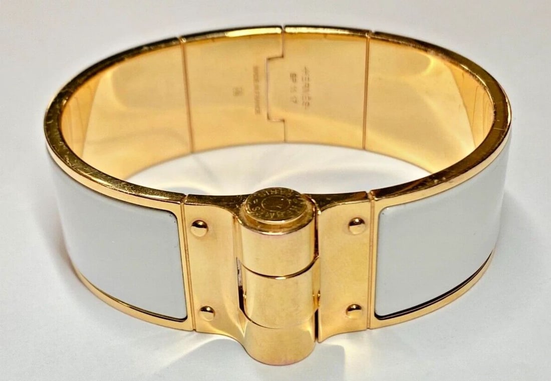 HERMES GOLD PLATED HINGED BRACELET WITH WHITE ENAMEL SP1117 (1 of 2)