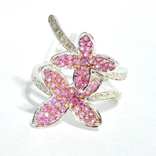 14K WHITE GOLD FLOWER RING WITH PINK SAPPHIRES AND 0.20CTS DIAMONDS SIZE: 6.5 (1 of 2)