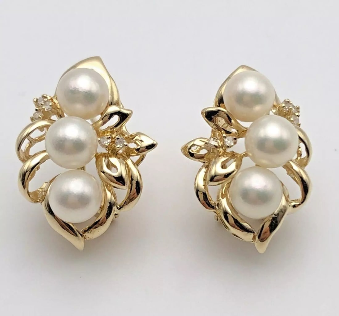 14K GOLD EARRINGS WITH MULTIPLE PEARLS AND 0.05CTS OF DIAMONDS 7.6 GRAMS (1 of 2)