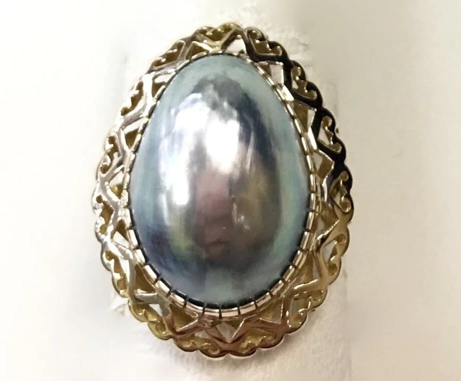 14K YELLOW GOLD RING WITH BLUE/GREY MABE PEARL SIZE: 8.25 4.4G (1 of 2)