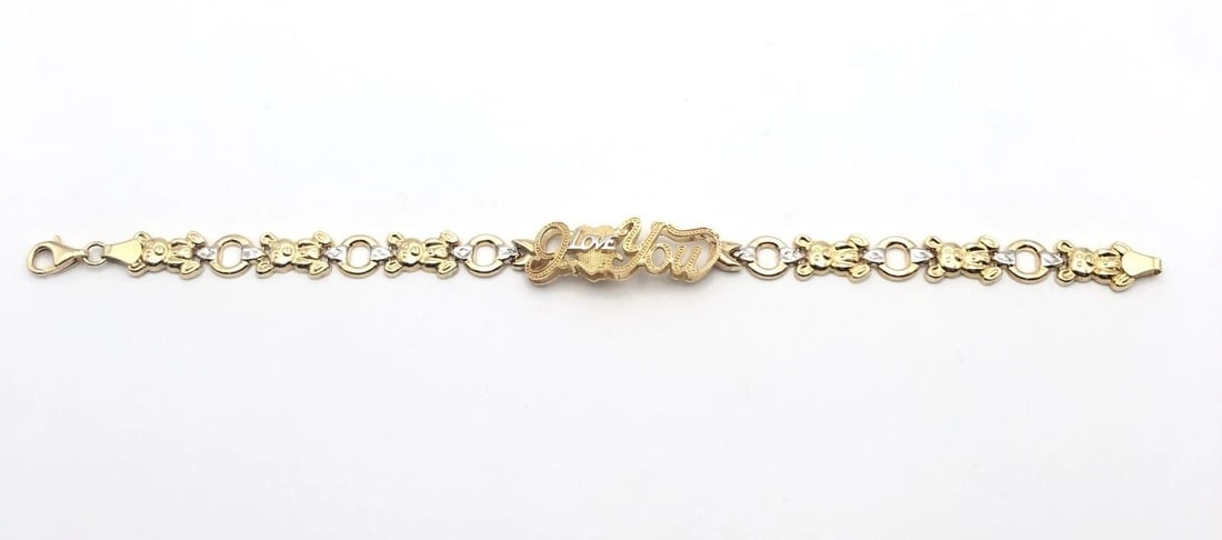 10K GOLD "I LOVE YOU" BRACELET WITH TEDDY BEAR LINKS 7.5" 7.5 GRAMS: 10K GOLD "I LOVE YOU" BRACELET WITH TEDDY BEAR LINKS 7.5" 7.5 GRAMS 10k Gold "I love you" bracelet with teddy bear links Condition: New, no box or papers. Material: 10k Yellow Gold, with White Gold